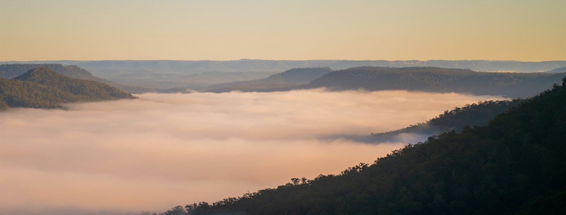 Vale tomado de névoa ao amanhecer, com as cristas da serra emergindo acima.