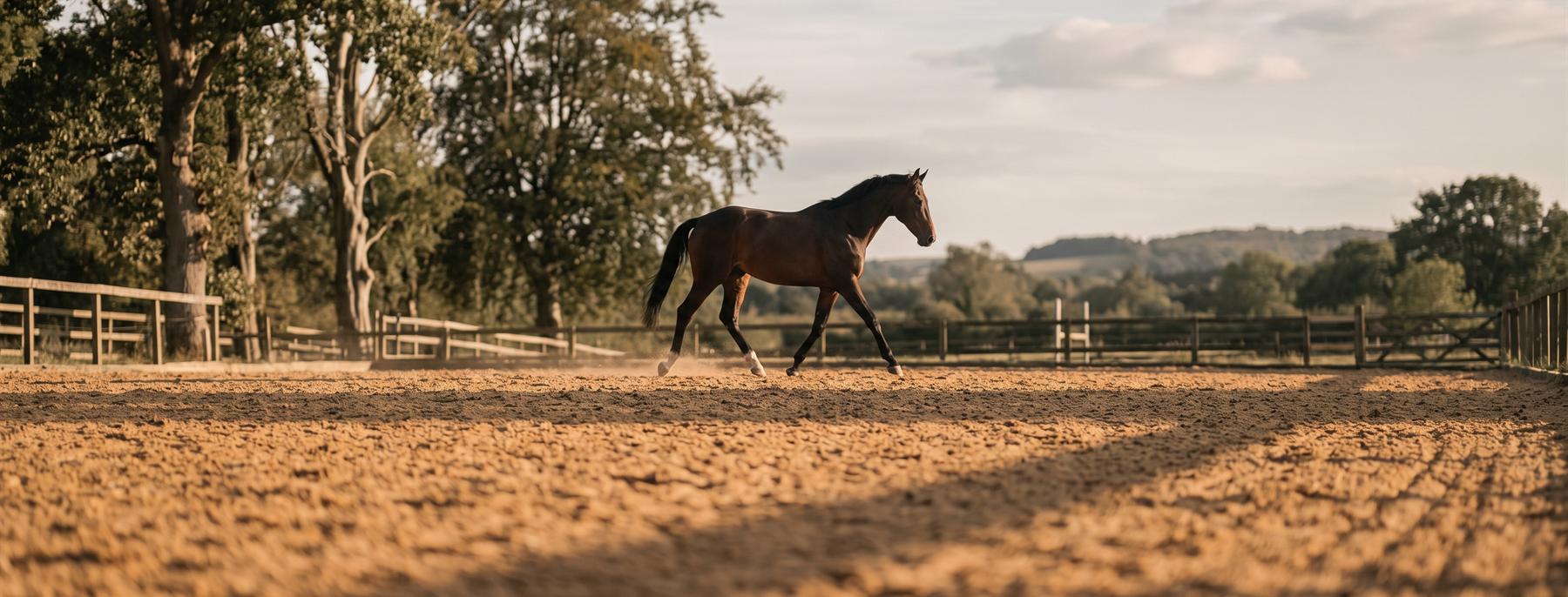 Cavalo em trote leve na pista de areia de um haras, ao entardecer, visto de ângulo baixo.
