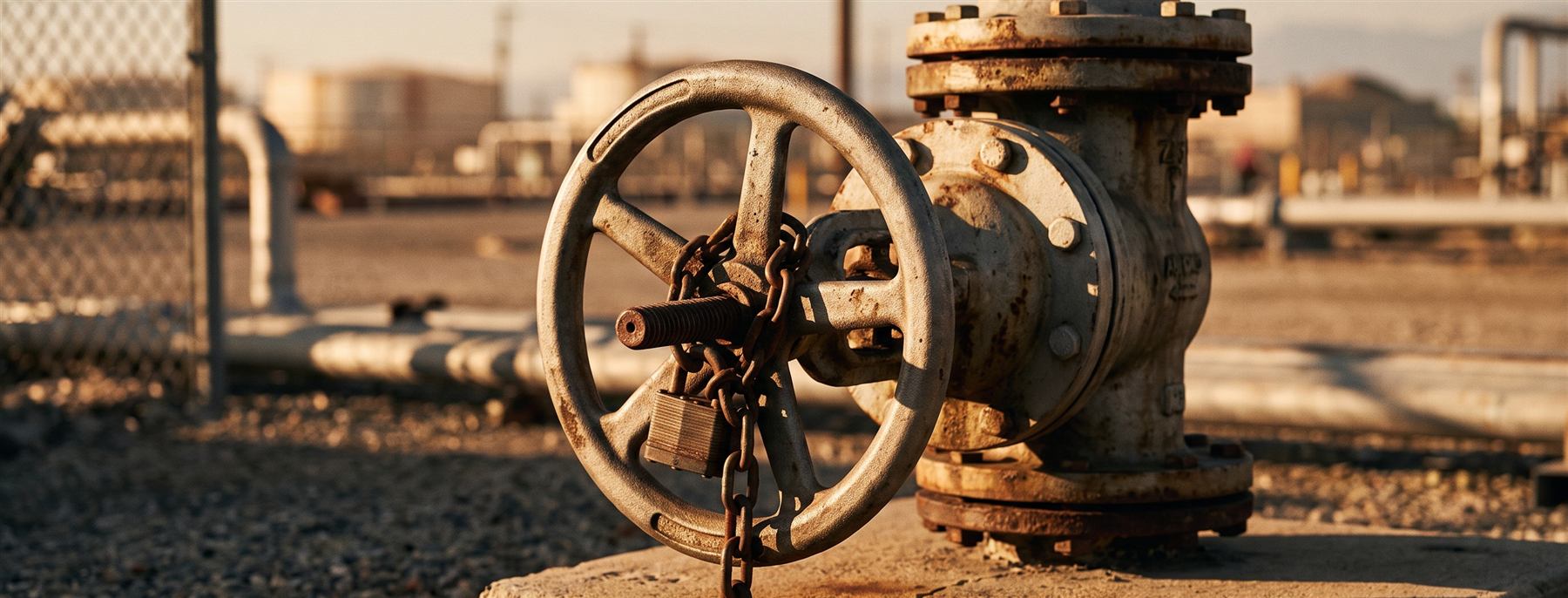 Uma válvula industrial de ferro, já fechada e presa com cadeado e corrente, em um pátio industrial ao entardecer.