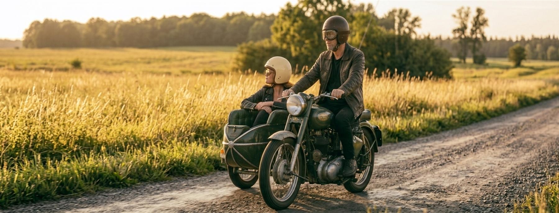 Motocicleta com sidecar em estrada de terra ao entardecer: quem conduz e quem segue no mesmo veículo.