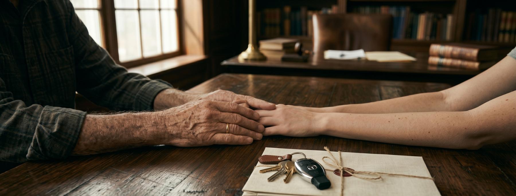 Mãos de duas gerações sobre uma mesa de madeira, ao lado de um maço de documentos e chaves.