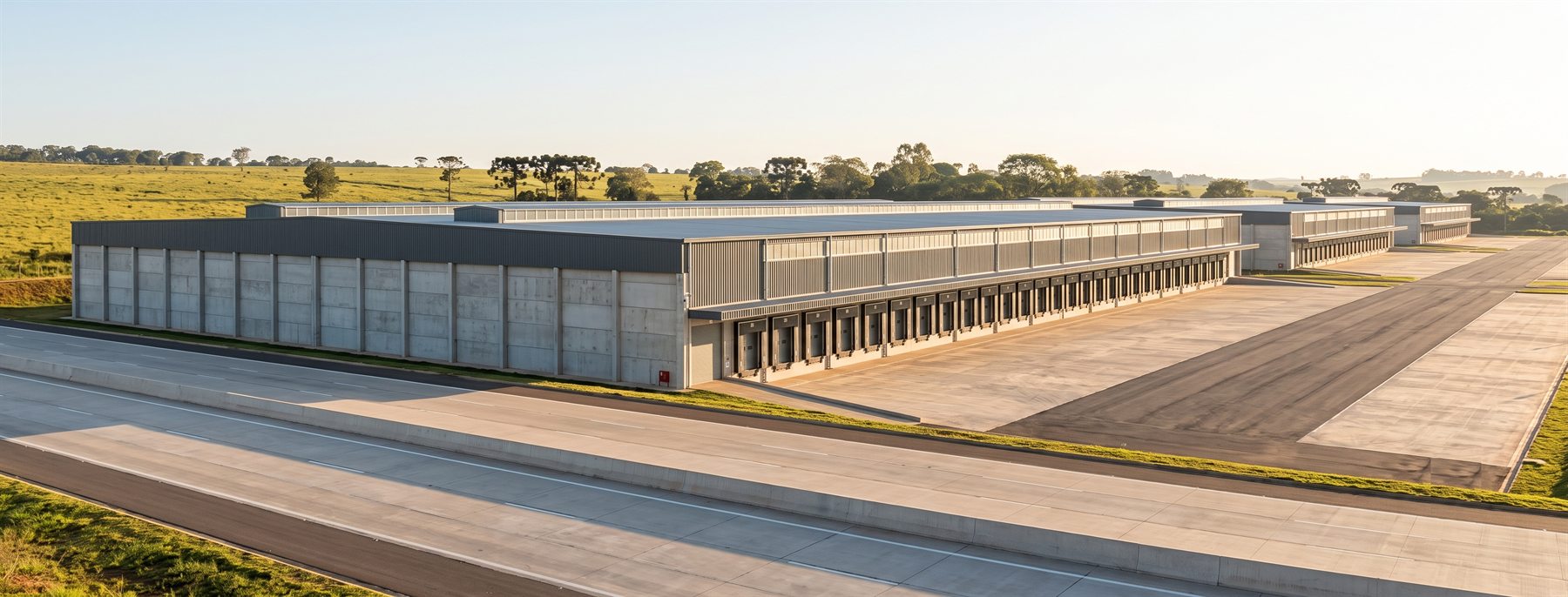 Condomínio logístico de grande porte à beira de uma rodovia duplicada, com docas de carga fechadas e pátio vazio, de manhã cedo.