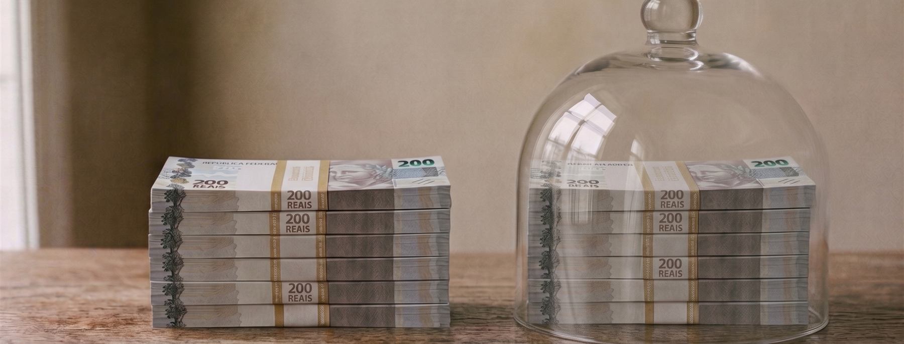 Duas pilhas idênticas de cédulas de R$200 sobre uma mesa de madeira: uma exposta, a outra completamente coberta por uma redoma de vidro transparente.