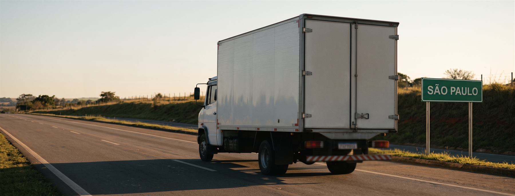 Um caminhão baú branco, sem identificação de empresa, trafega por uma rodovia de pista dupla ao entardecer, junto a uma placa verde que indica a entrada no Estado de São Paulo.