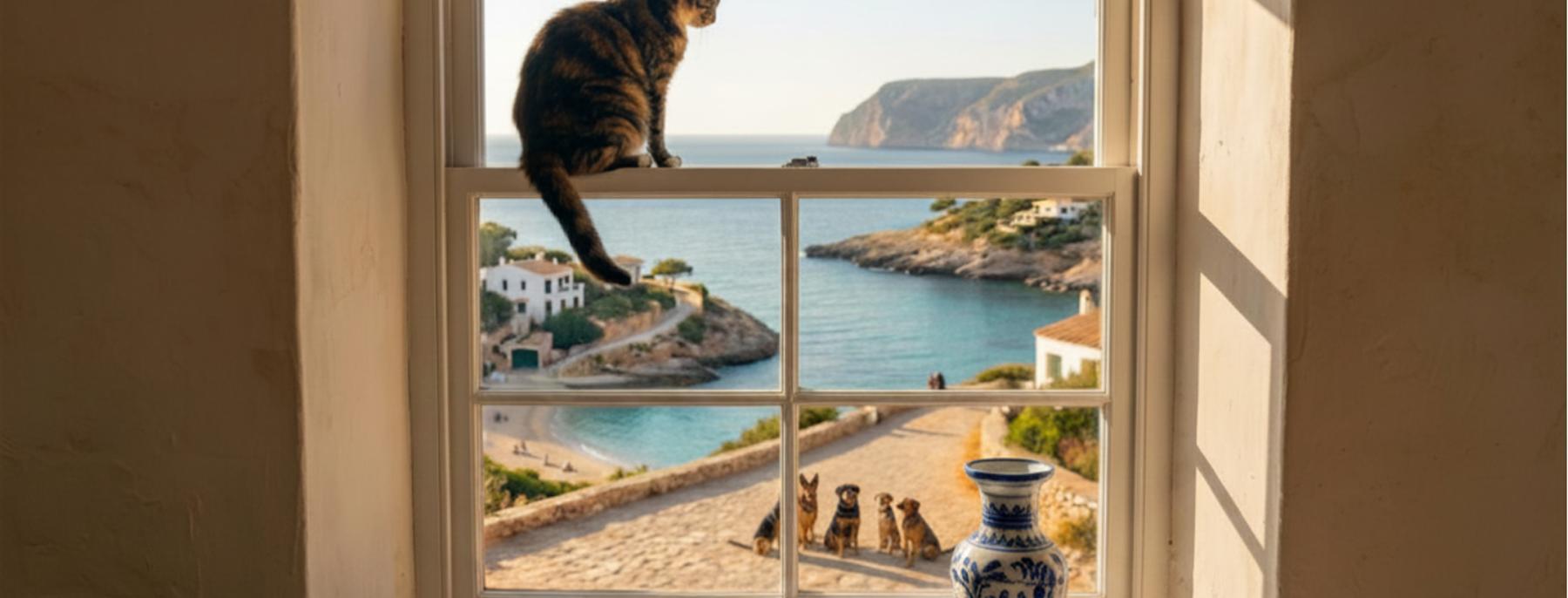 Janela aberta de uma casa caiada, com vista para a enseada ao sol.