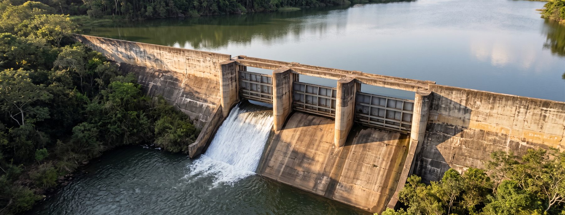 Vertedouro de uma pequena barragem de concreto visto do alto, com a água saindo apenas pela comporta da esquerda.