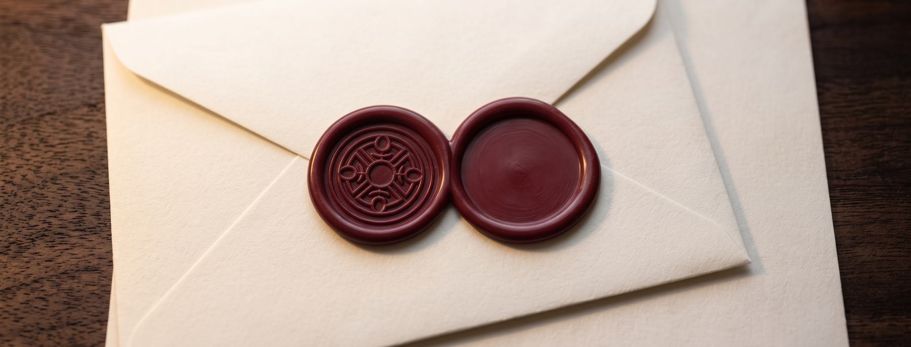 Dois selos de cera vermelha sobre papel envelhecido: um com relevo nítido de brasão circular, plenamente estampado; ao lado, uma poça de cera idêntica em cor e tamanho, ainda sem qualquer estampa.