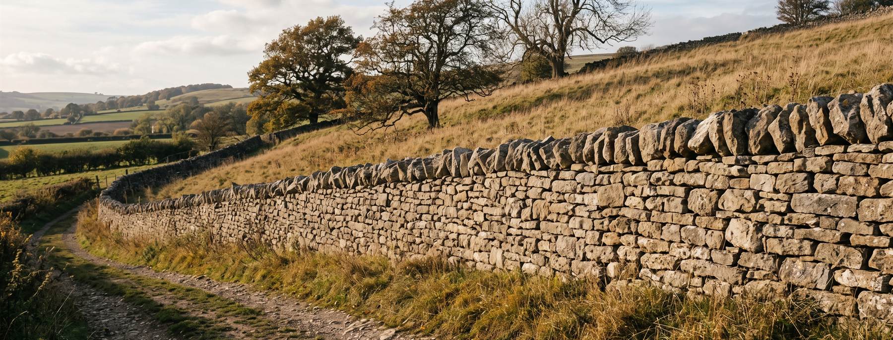 Muro de pedra seca acompanhando a encosta ao longo de um caminho de terra, sustentando o terreno mais alto à direita.
